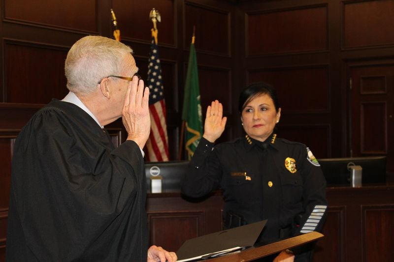 Roswell's interim police chief Helen Dunkin is sworn in on Jan 4, 2019. (Roswell Police Department Facebook page)