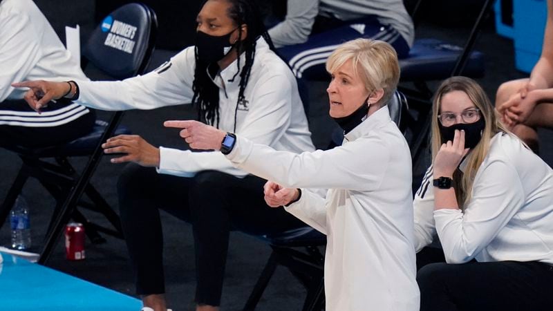 Georgia Tech head coach Nell Fortner gives direction to her team during the Sweet Sixteen round of the women's NCAA Tournament against South Carolina Sunday, March 28, 2021, at the Alamodome in San Antonio. (Eric Gay/AP)
