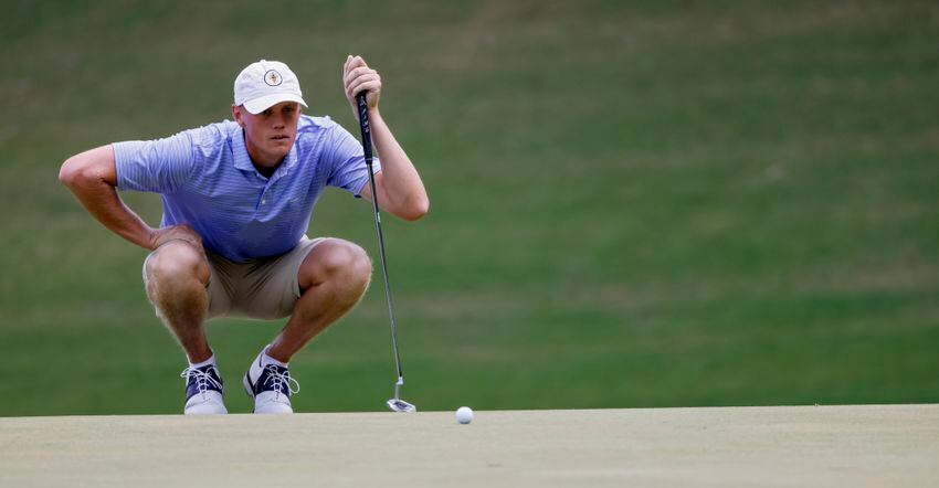 Bartley Forrester, Georgia Tech, who finished 16 under par for third place,  lines up a putt during the final round of the Dogwood Invitational Golf Tournament in Atlanta on Saturday, June 11, 2022.   (Bob Andres for the Atlanta Journal Constitution)