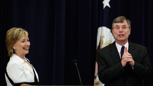 Secretary of State Hillary Clinton (L) and Patrick Kennedy (R) under secretary for managment State Department, participate in a town hall meeting at the State Department July 10, 2009 in Washington, DC. (Photo by Mark Wilson/Getty Images)