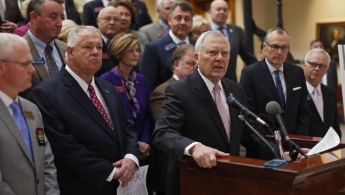 Gov. Nathan Deal, flanked by House Speaker David Ralston on the left and Lt. Gov. Casey Cagle on the right, on Tuesday discusses massive expansion plans for metro Atlanta interstates.