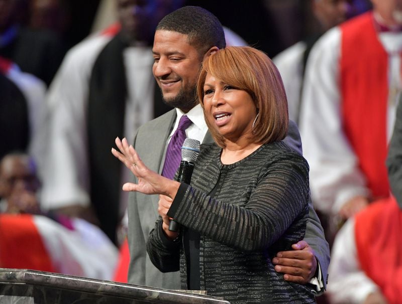 Bishop Eddie Long’s widow, Vanessa, and son Eric give tributes during the homegoing services for Long, senior pastor at New Birth Missionary Baptist Church in Lithonia, on Wednesday, Jan. 25, 2017. Long died Jan. 15, after a fight with cancer. He was 63. HYOSUB SHIN / HSHIN@AJC.COM