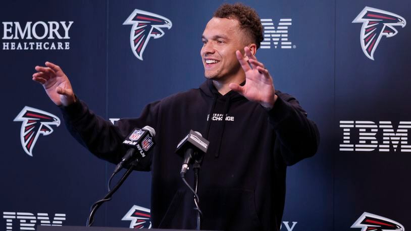 Falcons quarterback Desmond Ridder speaks to press members during the first day of the offseason program on Tuesday, April 18, 2023, in Flowery Branch.Miguel Martinez /miguel.martinezjimenez@ajc.com