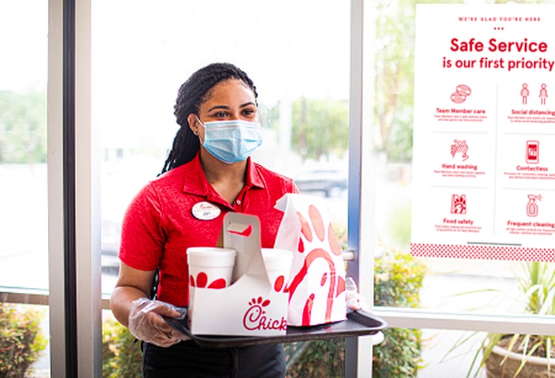 Staff will be required to wear masks while serving in Chick-fil-A’s dining room and via curbside service.