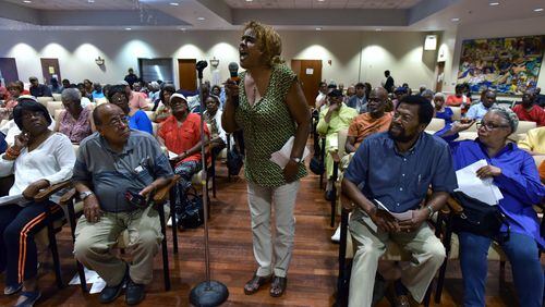 Fulton County resident Dorothy Hart expresses her concern during Emergency Town Hall Meeting to discuss about Property Tax Assessments hosted by Fulton County Office of Chairman John Eaves at Harriett G. Darnell Senior Multipurpose Facility on June 13, 2017. HYOSUB SHIN / HSHIN@AJC.COM