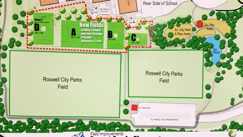 Map depicts the four new athletic fields to be created by a partnership of the city of Roswell and World Harvest Church. CITY OF ROSWELL