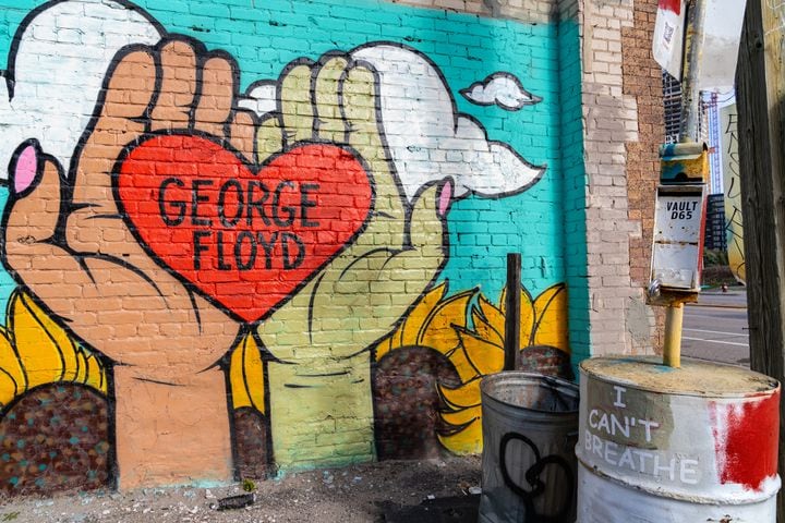 A mural to George Floyd in Minneapolis on Tuesday, April 20, 2021, where Derek Chauvin, a former Minneapolis police officer is on trial for the killing of Floyd, a Black man, while in police custody last year. (Aaron Nesheim/The New York Times)