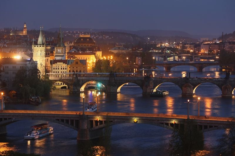 PRAGUE, CZECH REPUBLIC - APRIL 12:  The Moldau River flows under the Charles Bridge (2nd from bottom) and past buildings in Old Town on April 12, 2009 in Prague, Czech Republic. Prague is among Europe's major tourist destinations.  (Photo by Sean Gallup/Getty Images)