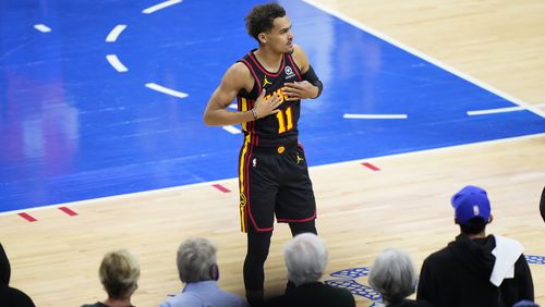 Hawks guard Trae Young scans the crowd during Game 7 of second-round playoff series against the Philadelphia 76ers, Sunday, June 20, 2021, in Philadelphia. (Matt Slocum/AP)