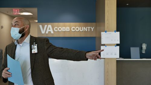 Gary Bruton, Atlanta VA Health Care System's administrator for the western region points to the waiting area inside of the Cobb County Veteran Affairs Clinic in Marietta on Monday, September 26, 2022. (Natrice Miller/natrice.miller@ajc.com)  