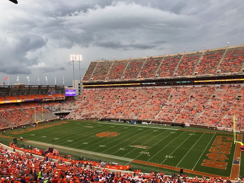 The setting at Clemson's Memorial Stadium during a lightning delay of the Georgia Tech-Clemson game on September 18, 2021. (AJC photo by Ken Sugiura)