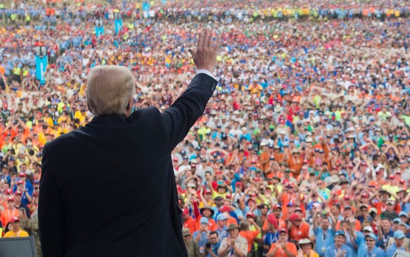 US President Donald Trump waves after speaking to Boy Scouts during the National Boy Scout Jamboree at Summit Bechtel National Scout Reserve in Glen Jean, West Virginia, July 24, 2017. / AFP PHOTO / SAUL LOEB        (Photo credit should read SAUL LOEB/AFP/Getty Images)