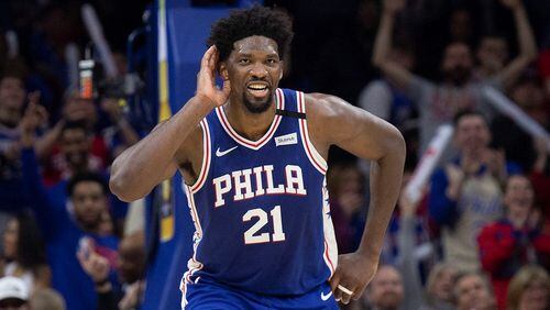 Joel Embiid reacts after scoring 49 points against the Atlanta Hawks at the Wells Fargo Center Monday, Feb. 24, 2020 in Philadelphia, Pa. The Sixers won, 129-112. (Jose F. Moreno/The Philadelphia Inquirer/TNS)