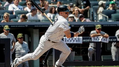 New York Yankees third baseman Josh Donaldson bats during the third inning of a baseball game against Chicago White Sox, Saturday May 21, 2022, in New York. (AP Photo/Bebeto Matthews)