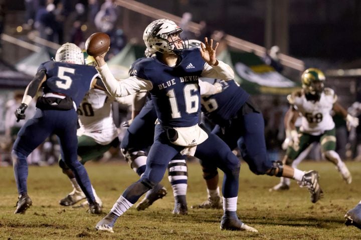 Dec. 18, 2020 - Norcross, Ga: Norcross quarterback Mason Kaplan (16) attempts a pass in the second half against Grayson in the Class AAAAAAA semi-final game at Norcross high school Friday, December 18, 2020 in Norcross, Ga.. Grayson won 28-0 to advance to the Class AAAAAAA finals. JASON GETZ FOR THE ATLANTA JOURNAL-CONSTITUTION
