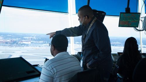 Inside the air traffic control tower at Hartsfield-Jackson International Airport in Atlanta.