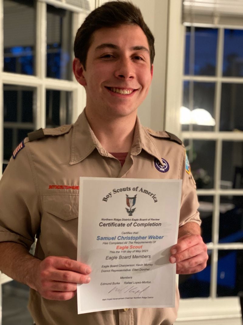 The Northern Ridge Boy Scout District (Cities of Roswell, Alpharetta, John’s Creek, Milton) is proud to announce its newest Eagle Scout,  who passed his Board of Review On May 11: Sam Weber, of Troop 7153, sponsored by St. Brigid Catholic Church, whose project was the design and construction of 3 benches for the parking islands located at St. Brigid Catholic Church.