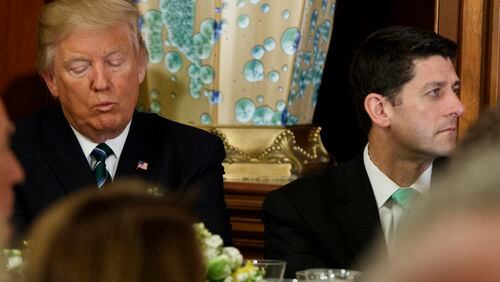 FILE - In this March 16, 2017 file photo, President Donald Trump sits with House Speaker Paul Ryan of Wis. on Capitol Hill in Washington. Congressional Republicans on Monday, March 27, 2017, pointed fingers and assigned blame after their epic failure on health care and a weekend digesting the outcome. (AP Photo/Evan Vucci, File)