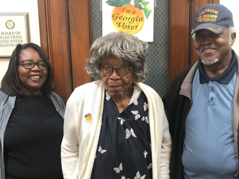 Ida Simmons, a 105-year-old woman from Attapulgus in southwest Georgia's Decatur County, cast her general election ballot in person as part of early voting on Oct. 21, 2022. She is pictured with her daughter-in-law Roberta Simmons and son Simon Simmons. (Photo courtesy of the Simmons family)