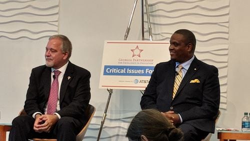 Georgia Superintendent Richard Woods (left), the GOP candidate, at election forum with challenger Otha Thornton, the Democrat
