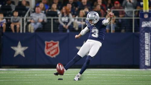 Dallas Cowboys kicker Kai Forbath (3) kicks against the Los Angeles Rams in Arlington, Texas, Sunday, Dec. 15, 2019. (AP Photo/Ron Jenkins)