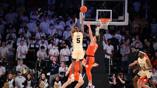 Georgia Tech guard Deivon Smith (No. 5) takes a jump shot against Clemson in a 69-64 win for the Yellow Jackets Feb. 5, 2022 at McCamish Pavilion. (Anthony McClellan/Georgia Tech Athletics)