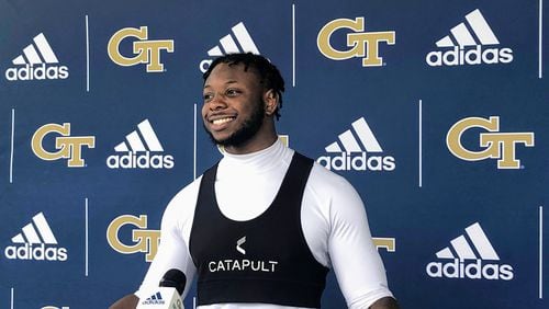 Georgia Tech running back Hassan Hall speaks with media at Bobby Dodd Stadium following spring practice March 11, 2022. (AJC photo by Ken Sugiura)