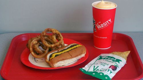 060818 - ATLANTA, GA -- A chili dog with french fries, a frosted orange drink and an apple pie at the Varsity in Atlanta, Ga Friday, August 18, 2006. (ELISSA EUBANKS/AJC staff) Would you wager a Varsity chili dog?