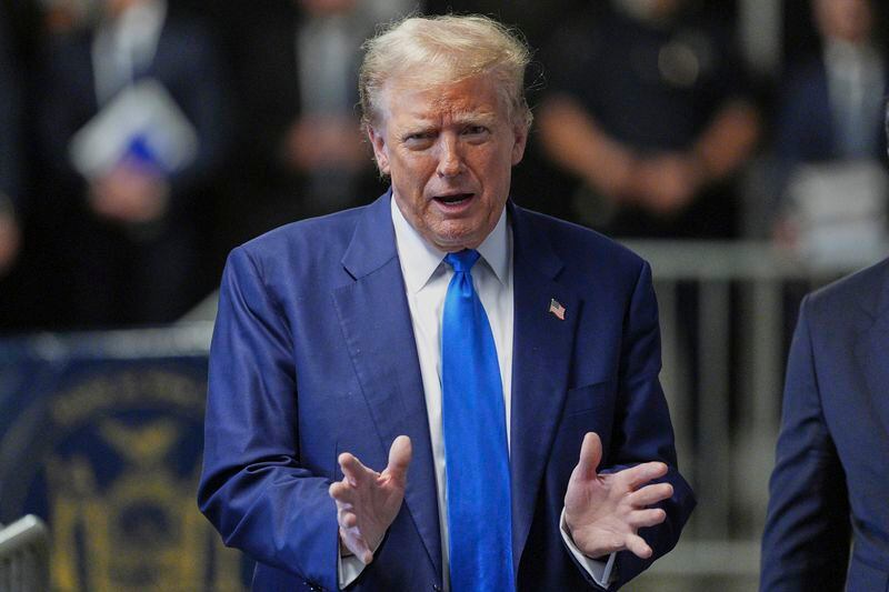Former President Donald Trump speaks to media as he returns to his trial at the Manhattan Crtiminal Court, Friday, May 3, 2024, in New York. (Curtis Means/Pool Photo via AP)