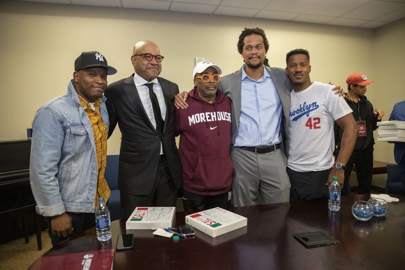 During Morehouse’s inaugural Human Rights Film Festival on Oct. 12, 2019, Spike Lee (center) poses with director and Morehouse graduate Stefon Bristol (from left), President David A. Thomas, director, producer and Morehouse graduate Seith Mann and actor Nate Parker. CONTRIBUTED BY SEAN MCNEIL