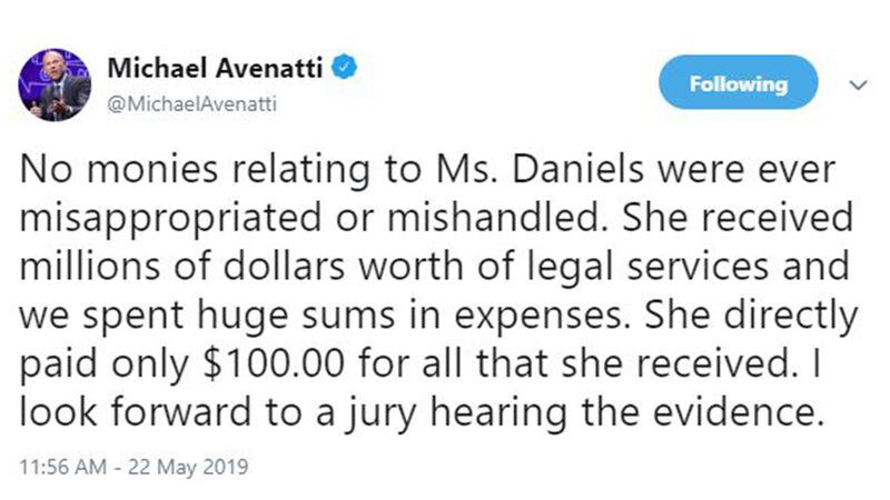 Attorney Michael Avenatti said in a tweet posted Wednesday, May 22, 2019, that he never misappropriated funds meant for his client, adult film star Stormy Daniels, after a report surfaced indicating prosecutors planned to charge him in the coming days.