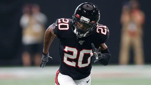 Falcons defensive back Kendall Sheffield (20) defends play against the Tennessee Titans, Sunday, Sep. 29, 2019, in Atlanta. (Michael Zarrilli/AP)