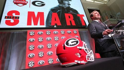 July 17, 2018 Atlanta: Georgia head coach Kirby Smart holds his SEC Media Days press conference at the College Football Hall of Fame on Tuesday, July 17, 2018, in Atlanta.     Curtis Compton/ccompton@ajc.com