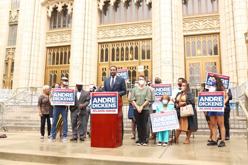 August 17, 2021 Atlanta - Atlanta City Councilman Andre Dickens held a press conference outside the Atlanta City Hall after filing paperwork for the November 2nd Atlanta Mayoral Election on Tuesday, August 17, 2021. (Courtesy of the Andre for Atlanta Campaign)