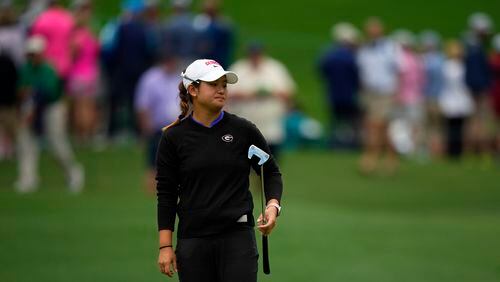 Jenny Bae reacts after a putt on the sixth hole during the final round of the Augusta National Women's Amateur golf tournament, Saturday, April 1, 2023, in Augusta, Ga. (AP Photo/Matt Slocum)