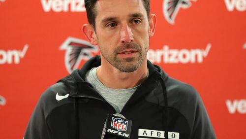 Falcons offensive coordinator Kyle Shanahan holds his press conference while preparing for the NFC divisional playoff football game against the Seahawks on Wednesday, Jan. 11, 2017, in Flowery Branch. Shanahan responded to questions on his ongoing interview process for head coaching jobs. Curtis Compton/ccompton@ajc.com