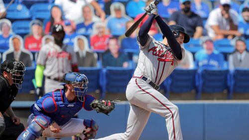 Braves first baseman Freddie Freeman strikes out in front of Toronto Blue Jays catcher Danny Jansen during the eighth inning Sunday, May 2, 2021, in Dunedin, Fla. Freeman struck out three times in 7-2 loss. (Mike Carlson/AP)