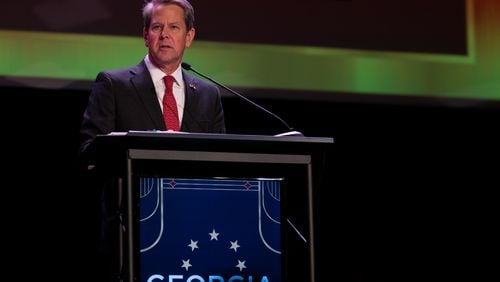 Governor Brian Kemp (R-GA) speaks at the Georgia Chamber’s “Eggs & Issues” breakfast at the Fox Theatre in downtown Atlanta, Georgia on January 12th, 2022. Kemp on Wednesday announced he's named two business leaders to the Georgia Board of Regents. (Nathan Posner for The Atlanta Journal-Constitution)