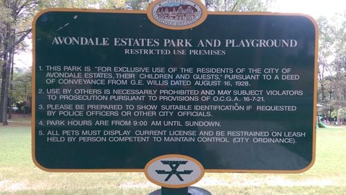 The current list of rules posted at Willis Park in Avondale Estates. The rules date to a deed written by city founder George Willis in the 1920s. The city commission is attempting to change the first three rules, with particular emphasis on the exclusivity clause in No. 1. Photo courtesy of Jonathan Elmore