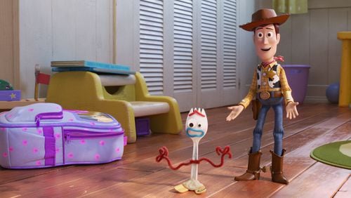 Sheriff Woody (voice of Tom Hanks, right) returns in “Toy Story 4,” an animated sequel that introduces us to Forky (Tony Hale), a craft project made from a discarded spork. Walt Disney Pictures/Pixar Animation Studios