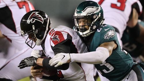 Eagles safety Rodney McLeod sacks Falcons quarterback Matt Ryan during the second half in their NFC Divisional Game on Saturday, January 13, 2018, in Philadelphia.    Curtis Compton/ccompton@ajc.com