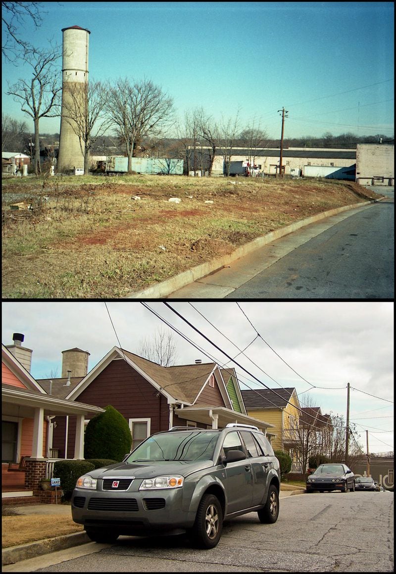 David P. Henderson is a local photographer and purveyor of Atlanta’s history, who has been posting then-and-now combined photos for years. This image shows Gaspero Street in Old Fourth Ward. The water tower is visible in both the top photo, taken on Jan. 10, 1990, and in the bottom photo, taken Jan. 25, 2012. (David P. Henderson. Used with permission)