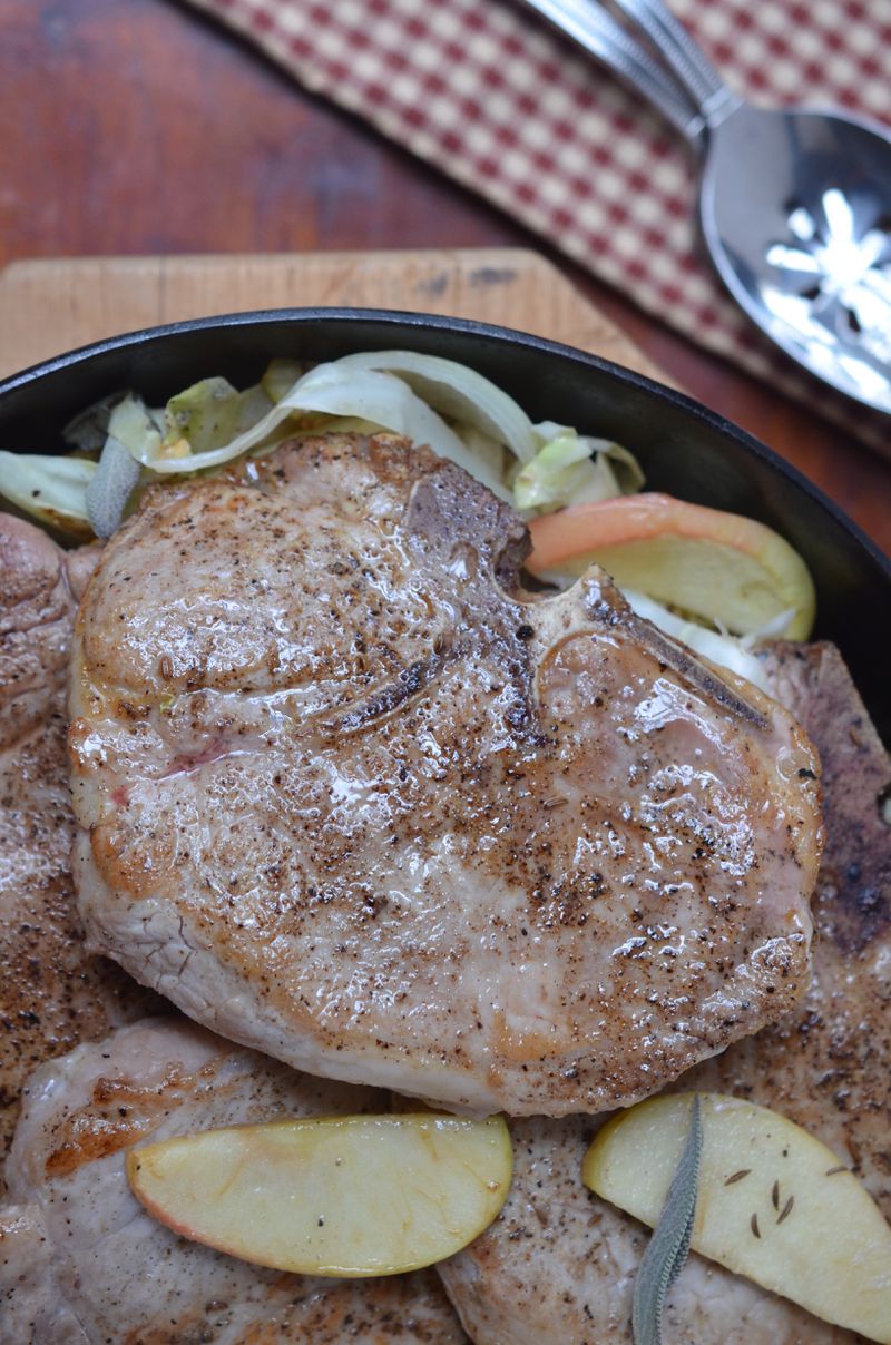 Skillet Supper Pork Chops with Cabbage and Apples.
Virginia Willis for The Atlanta Journal-Constitution