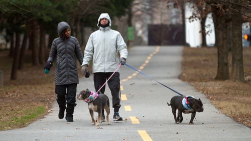 Ramona and Paul Hoyt walk their dogs on the Beltline near the Carter Center on Saturday, January 13, 2018. With estimated wind gusts reaching up to 30 mph Saturday morning in Atlanta, the wind chill made temps feel like the teens. Later this week, the lows will again dip into the teens without any wind chill factored in.