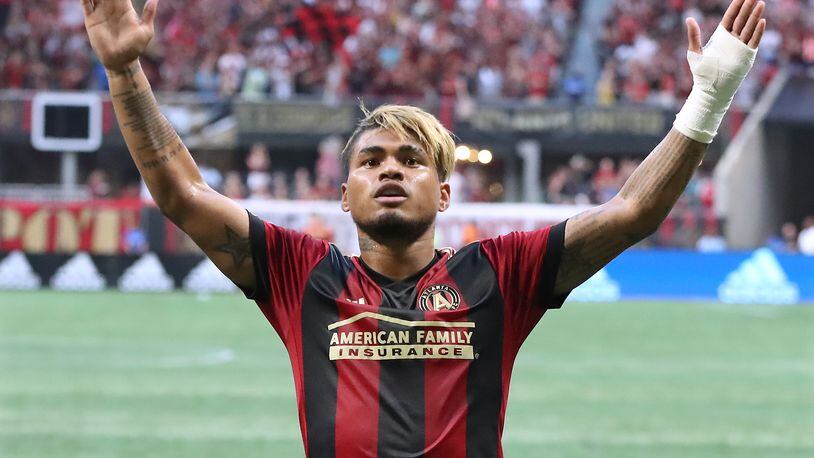Atlanta United Josef Martinez celebrates his goal on a penalty kick against Philadelphia Union for a 1-0 lead during the first half in a MLS soccer match on Saturday, June 2, 2018, in Atlanta.  Curtis Compton/ccompton@ajc.com