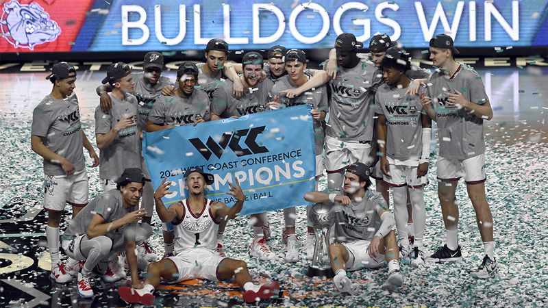 Gonzaga celebrates after defeating BYU for the West Coast Conference men's tournament championship Tuesday, March 9, 2021, in Las Vegas. (David Becker/AP)