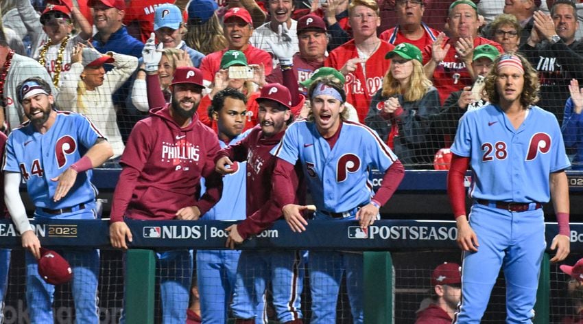 Philadelphia Phillies’ celebrate in the sixth inning after a solo home run by Nick Castellanos during NLDS Game 4 against the Atlanta Braves at Citizens Bank Park in Philadelphia on Thursday, Oct. 12, 2023.   (Hyosub Shin / Hyosub.Shin@ajc.com)