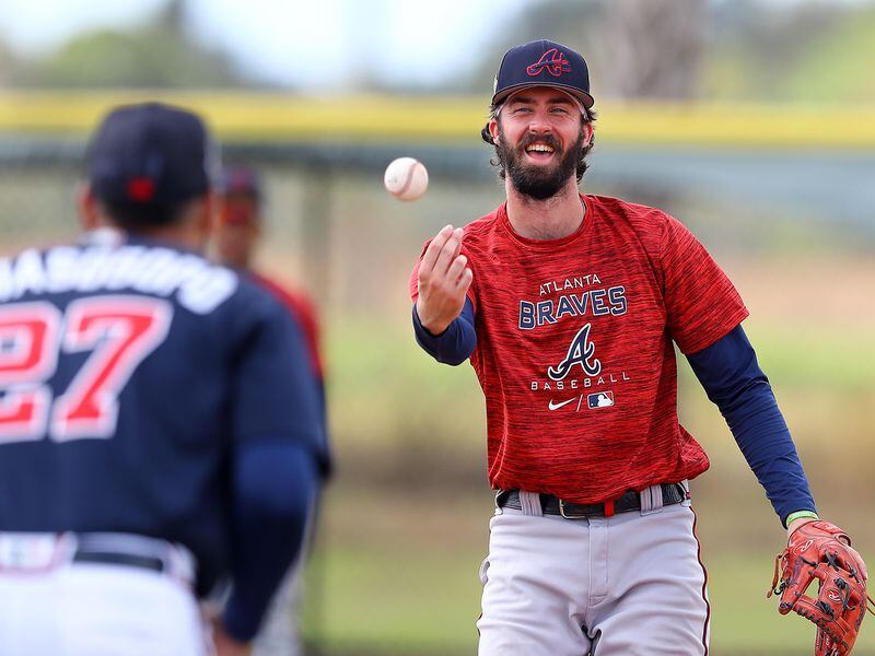 Braves shortstop Braden Shewmake is all smiles fielding grounders at the Braves minor league spring training camp on Tuesday, March 8, 2022, in North Port, Florida. “Curtis Compton / AJC file”