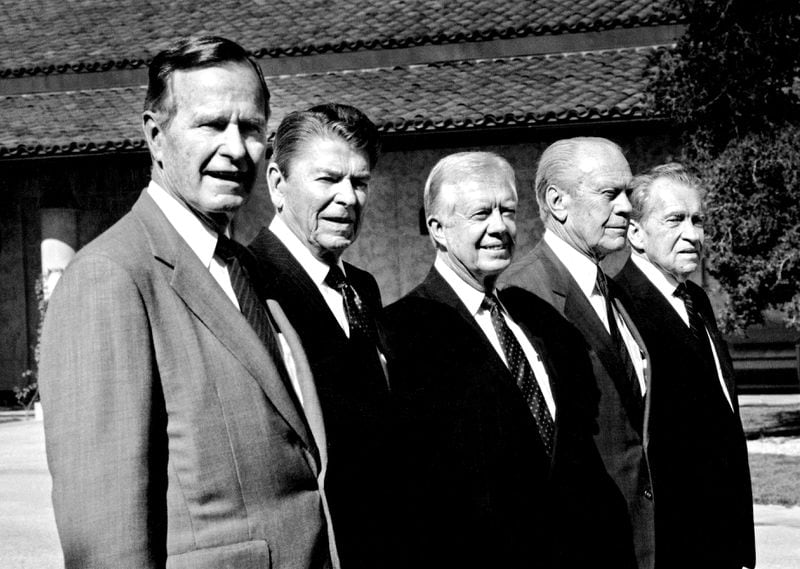 Former President Jimmy Carter (center), with four of the 10 oldest living presidents in American history at the Ronald Reagan Presidential Library on Nov. 5, 1991, in Simi Valley, California. From left, George H.W. Bush, Ronald Reagan, Carter, Gerald Ford and Richard Nixon. (Anne Cusack/Los Angeles Times/TNS) 
