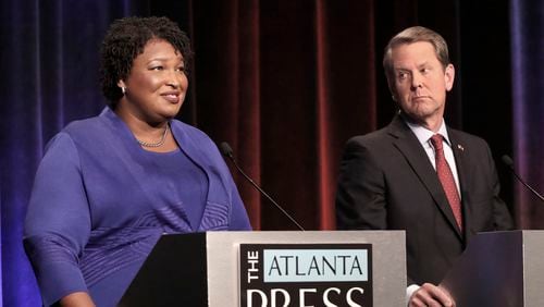 ATLANTA, GA - OCTOBER 23:  Georgia gubernatorial candidates (L-R) Democrat Stacey Abrams and Republican Brian Kemp debate in an event that also included Libertarian Ted Metz at Georgia Public Broadcasting in Midtown October 23, 2018 in Atlanta, Georgia.  (Photo by John Bazemore-Pool/Getty Images)